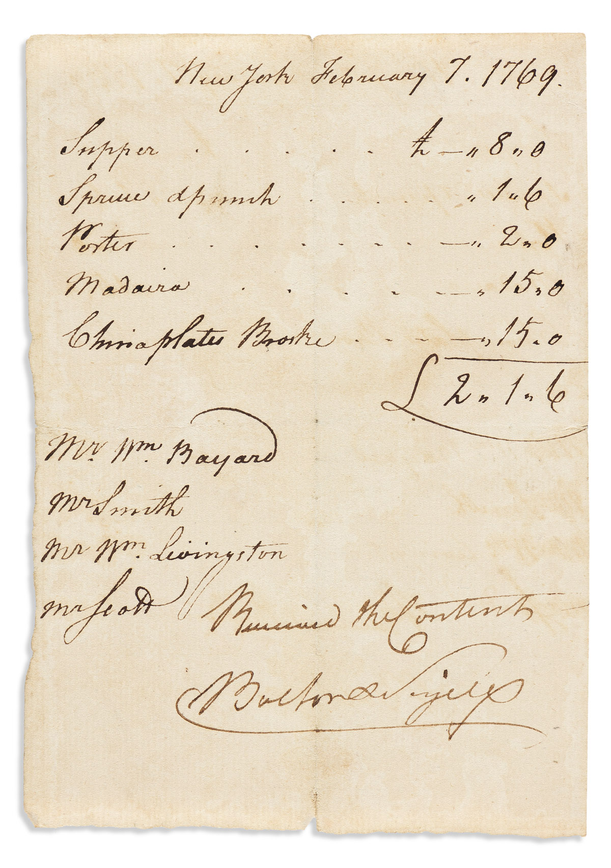 (AMERICAN REVOLUTION--PRELUDE.) Receipt for drinks and damages incurred by the New York Triumvirate at a famed Sons of Liberty tavern.